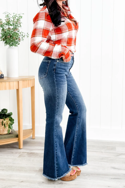 Tummy Control Mid Rise Flare Jeans with Frayed Hem (Buy 2 Free Shipping)