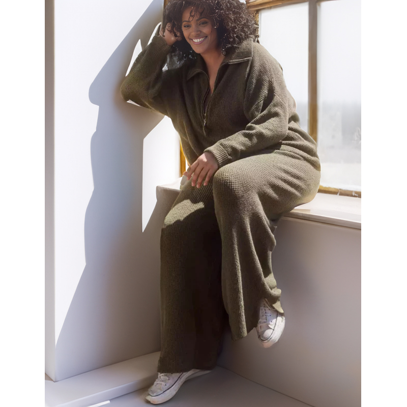 Half Zip Waffle Sweater Set(Buy 2 Free Shipping)