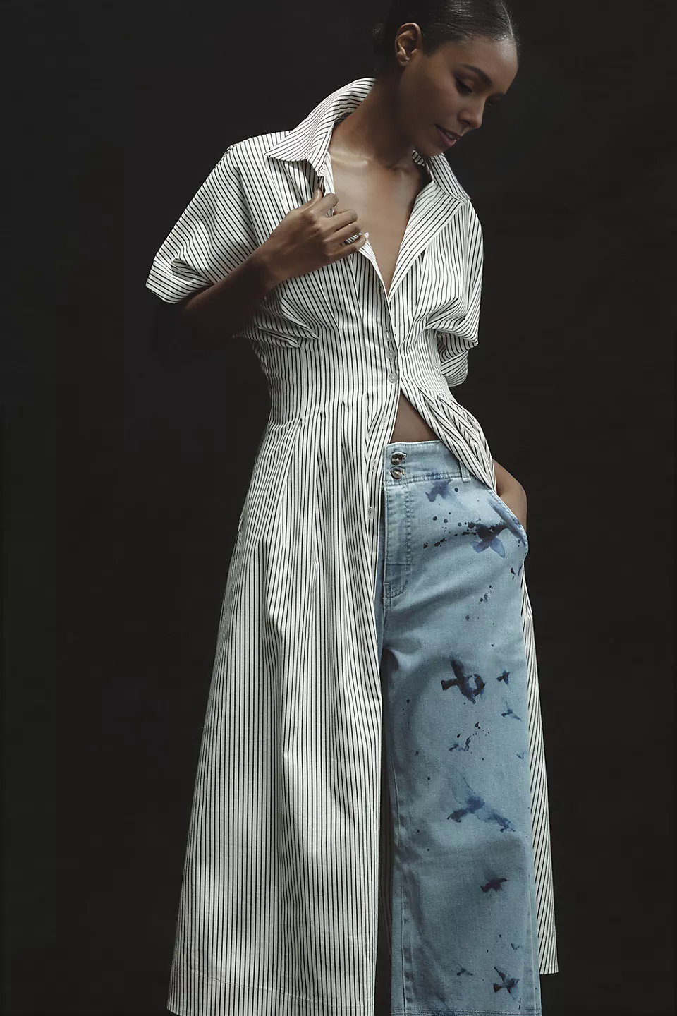 Button-Front Pleated Midi Shirt Dress (Buy 2 Free Shipping)