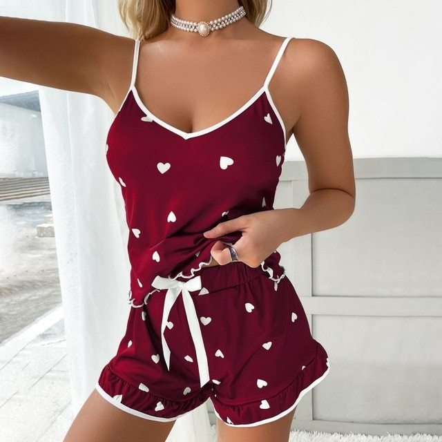 Ladies Sexy 2 Piece Pajama Set Deep V Neck Pyjamas Shorts Set Lace Pijama Suit Sleepwear For Women Sexy Pajama Suit
