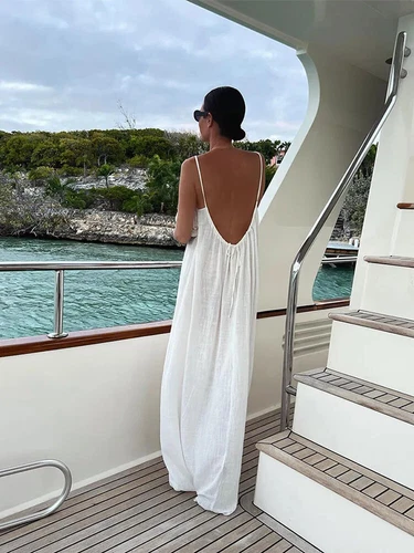 New Backless Lace Up Sling Long Dress Sleeveless Off Shoulder Loose Dresses - Picture 7 of 25