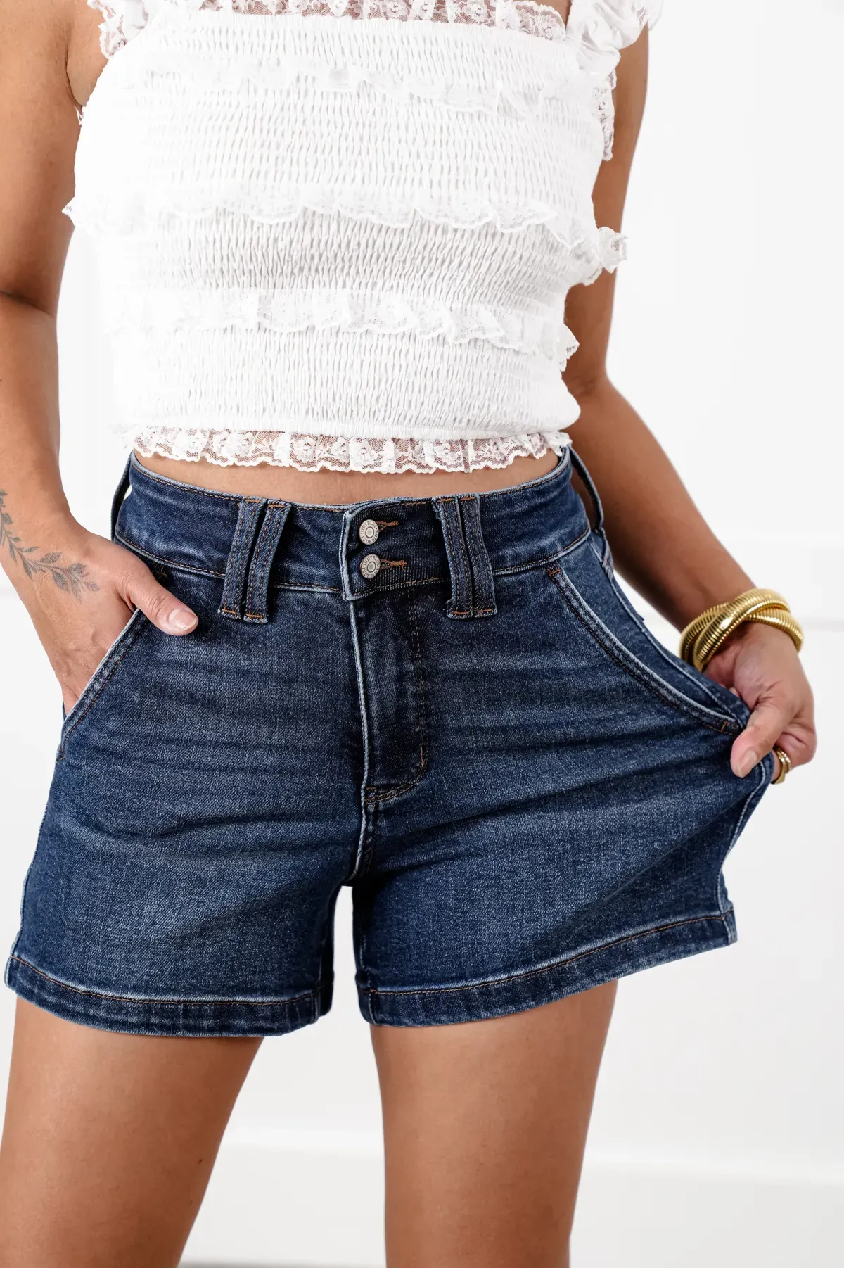 Tummy Control Double Button Waistband Shorts
