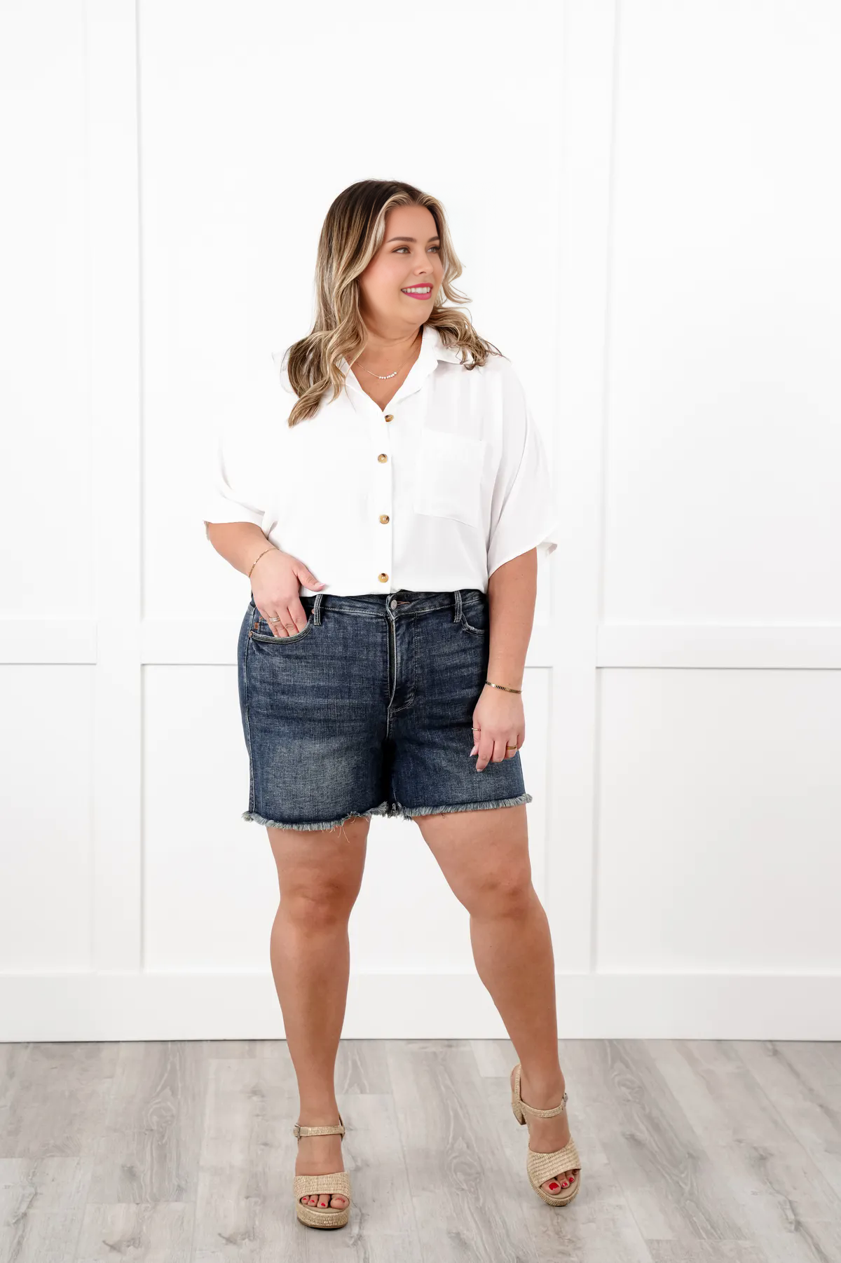 Tummy Control Frayed Hem & Shield Back Pocket Shorts (Buy 2 Free Shipping)