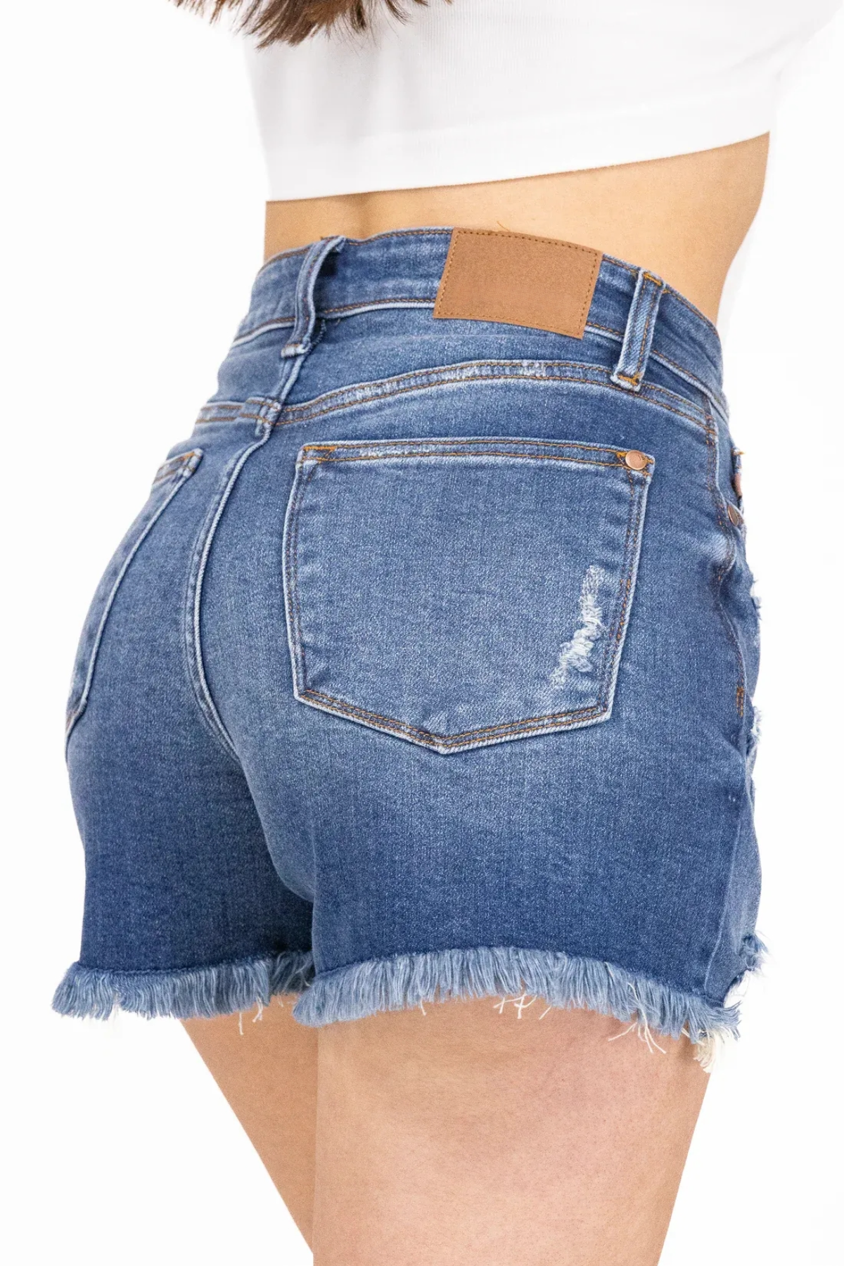 Tummy Control Adjustable Button Distressed Shorts