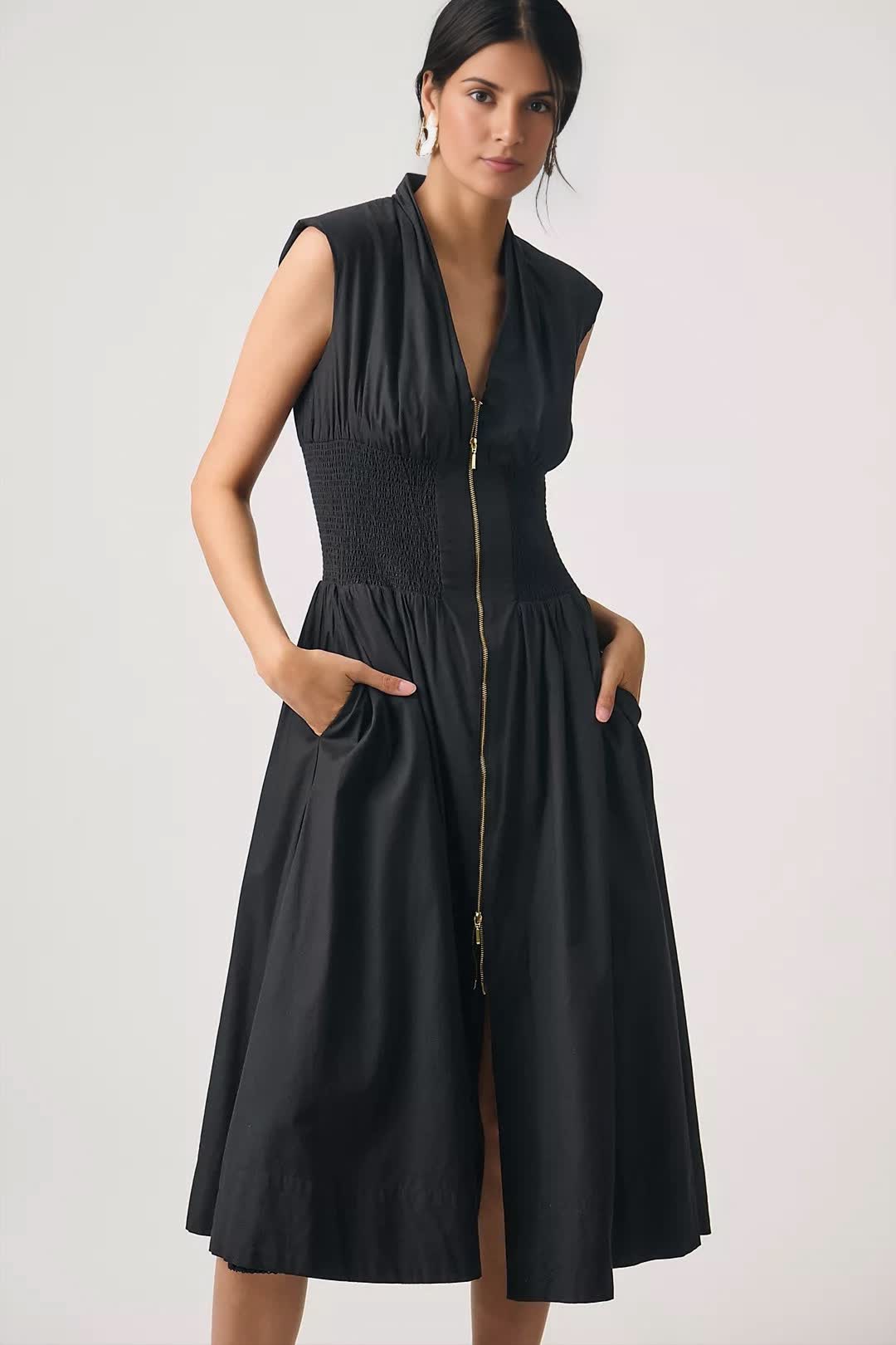 Cap-Sleeve Smocked Front-Zip Shirt Dress(BUY 2 FREE SHIPPING)