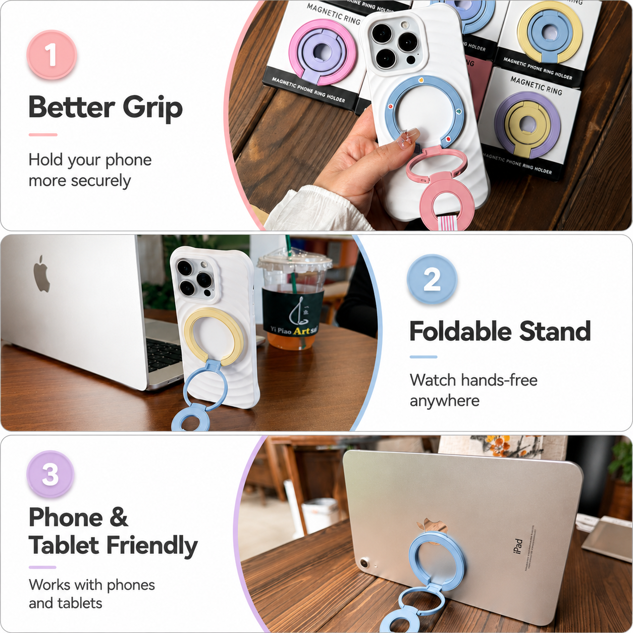 Pastello Macaron Grip Magnetic Phone Ring and Stand