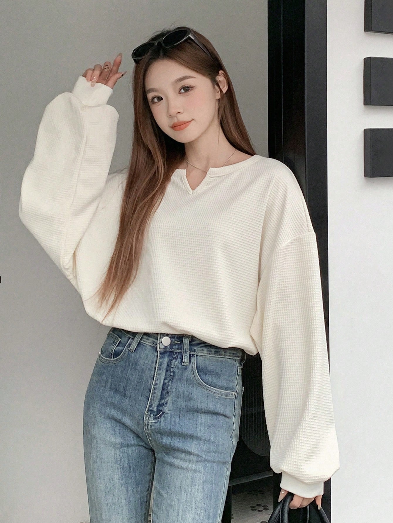 Lantern Sleeve Women's Notched Collar T-Shirt Long Sleeve Women Tops