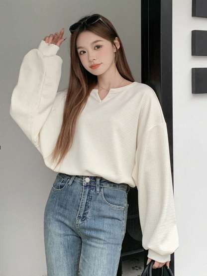 Lantern Sleeve Women's Notched Collar T-Shirt Long Sleeve Women Tops