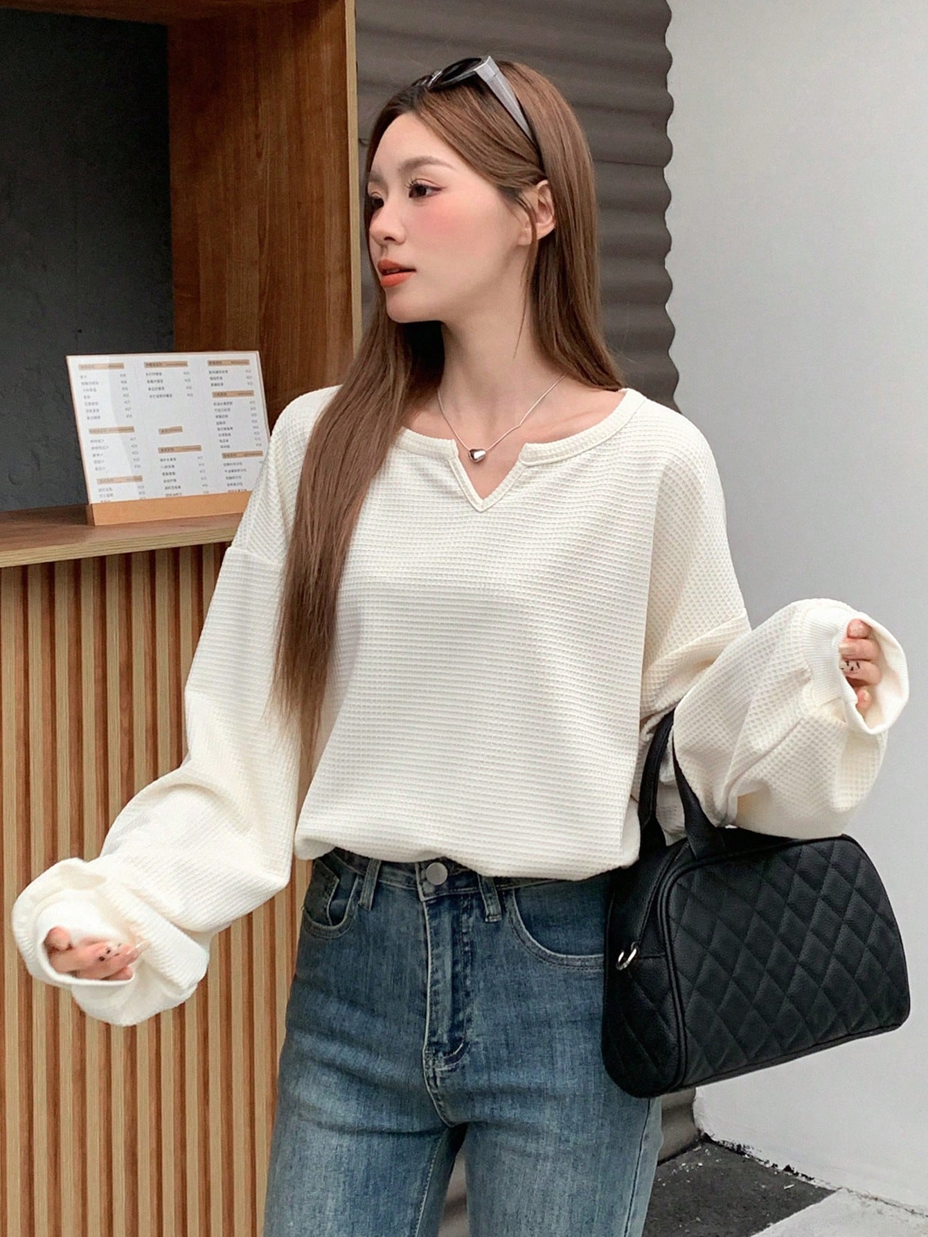 Lantern Sleeve Women's Notched Collar T-Shirt Long Sleeve Women Tops