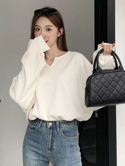 Lantern Sleeve Women's Notched Collar T-Shirt Long Sleeve Women Tops