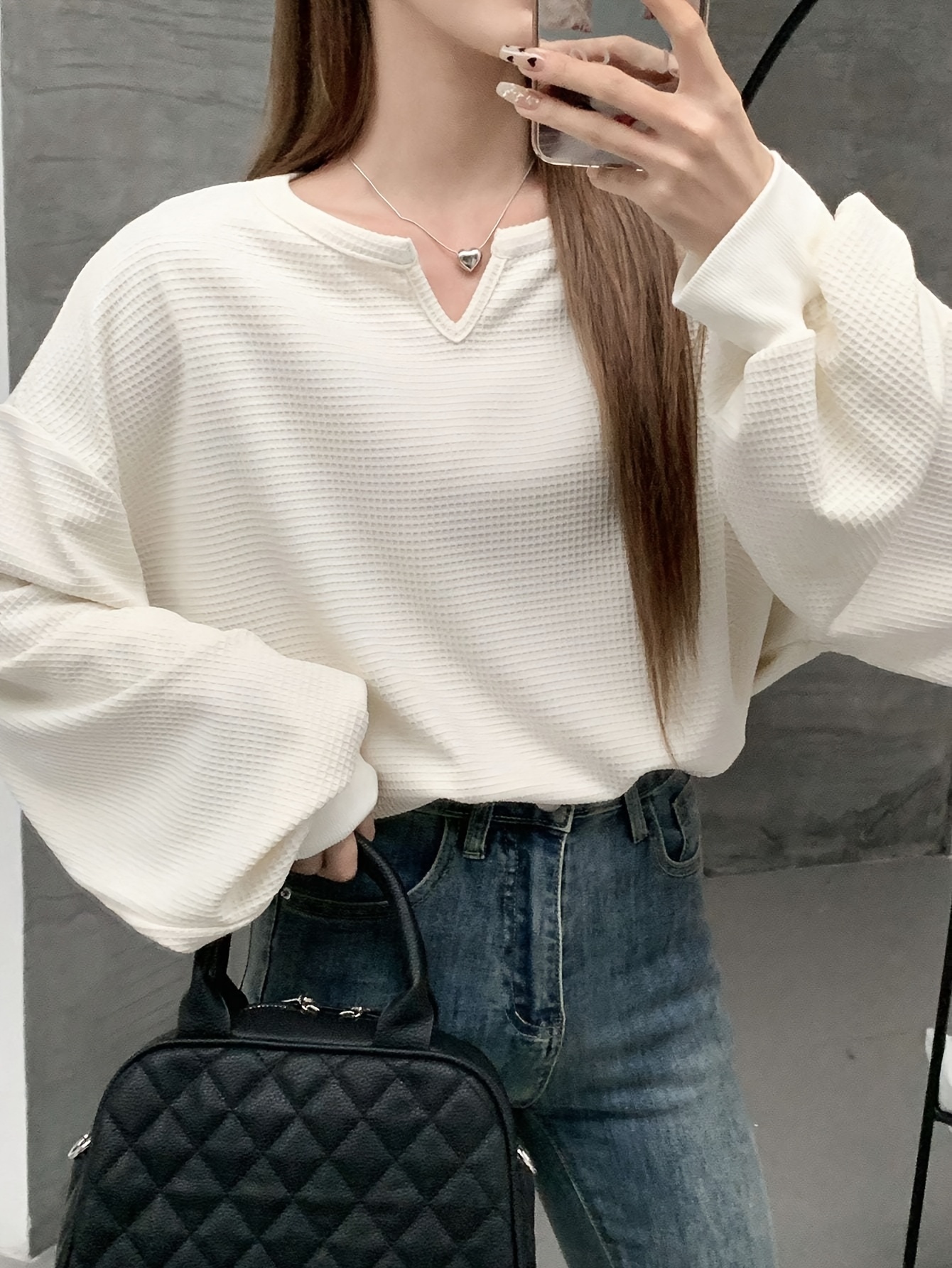 Lantern Sleeve Women's Notched Collar T-Shirt Long Sleeve Women Tops