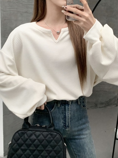 Lantern Sleeve Women's Notched Collar T-Shirt Long Sleeve Women Tops