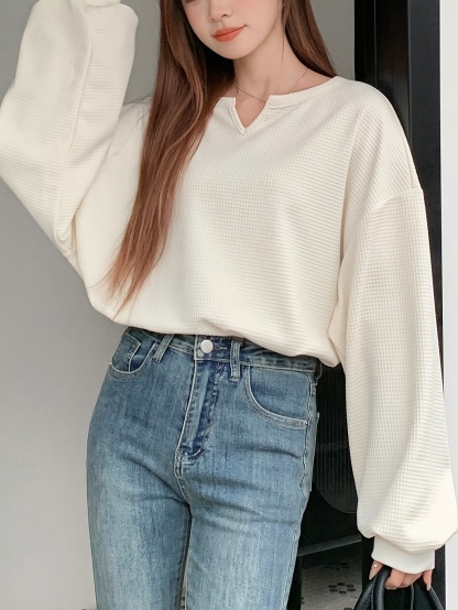 Lantern Sleeve Women's Notched Collar T-Shirt Long Sleeve Women Tops