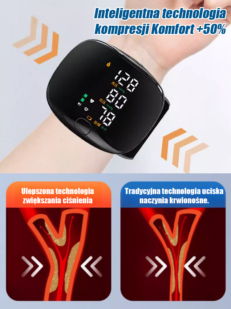 Nadgarstkowy ciśnieniomierz elektroniczny z dużym ekranem i obsługą głosową