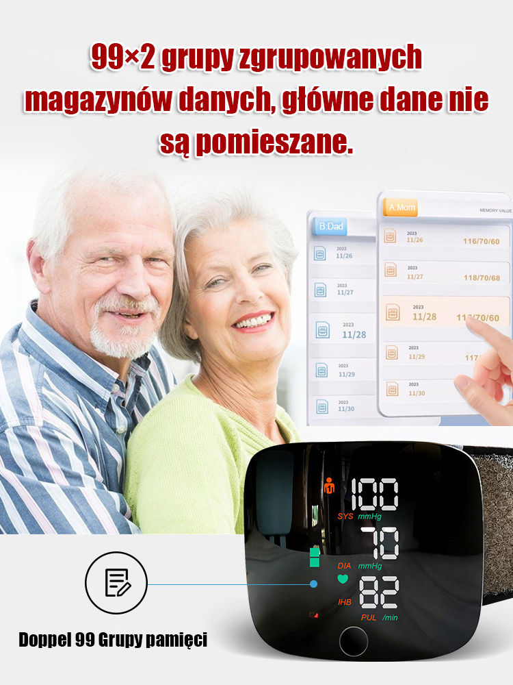 Nadgarstkowy ciśnieniomierz elektroniczny z dużym ekranem i obsługą głosową
