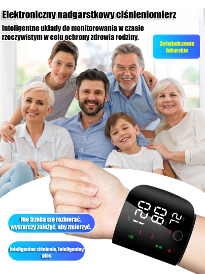 Nadgarstkowy ciśnieniomierz elektroniczny z dużym ekranem i obsługą głosową