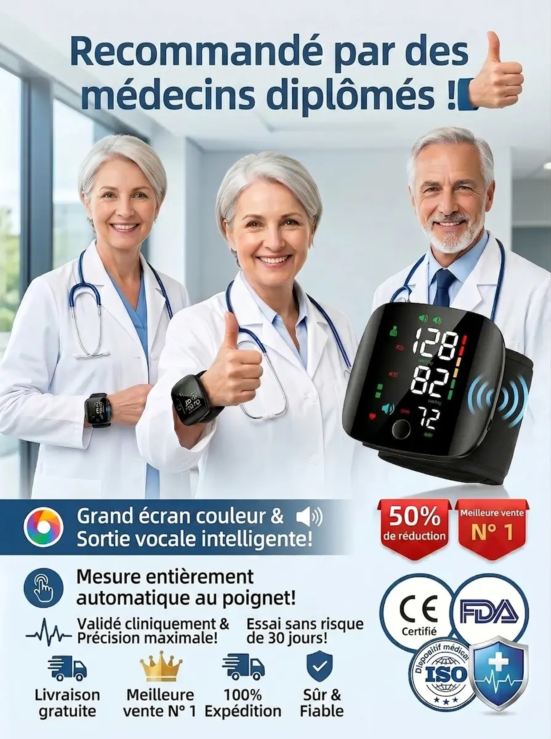 Tensiomètre intelligent au poignet avec une précision de 99,9 %.