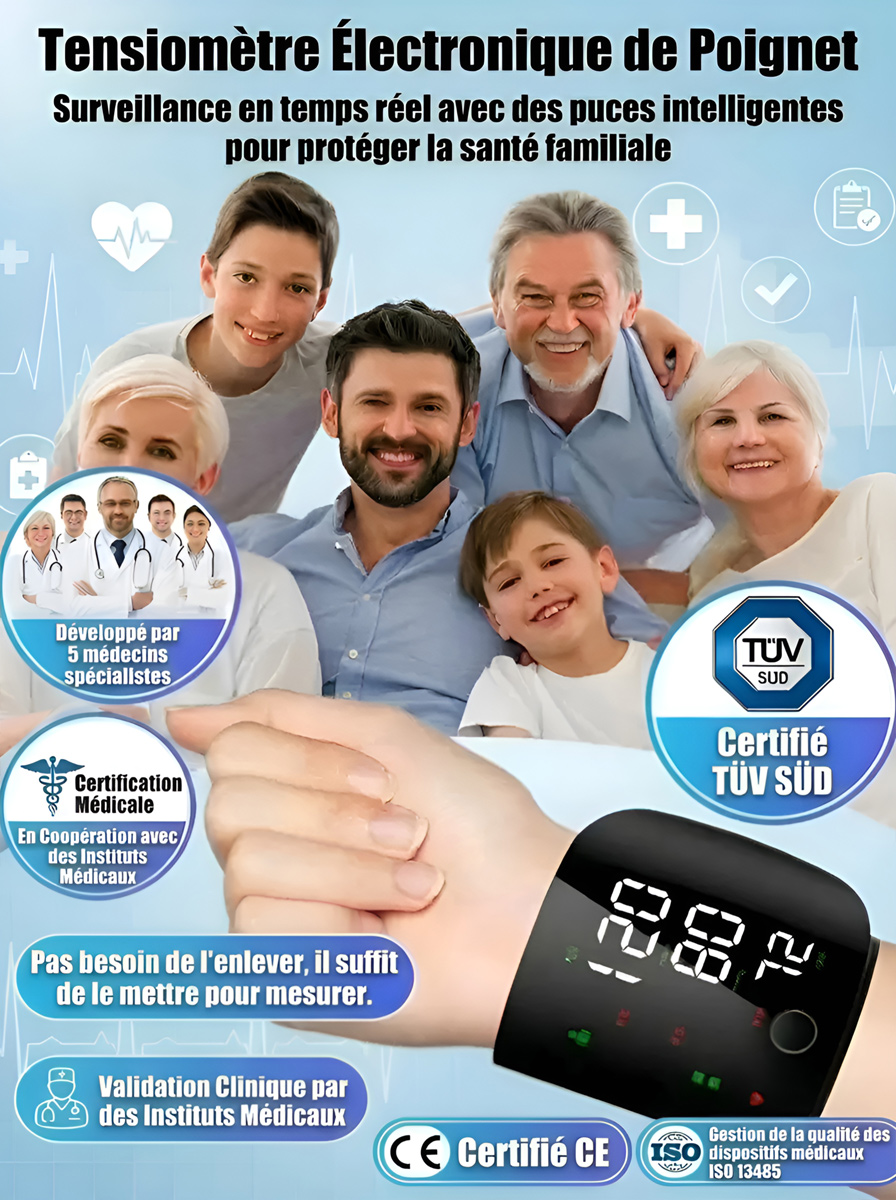 Tensiomètre intelligent au poignet avec une précision de 99,9 %.