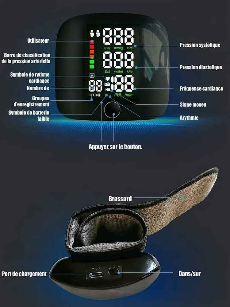 Tensiomètre intelligent au poignet avec une précision de 99,9 %.
