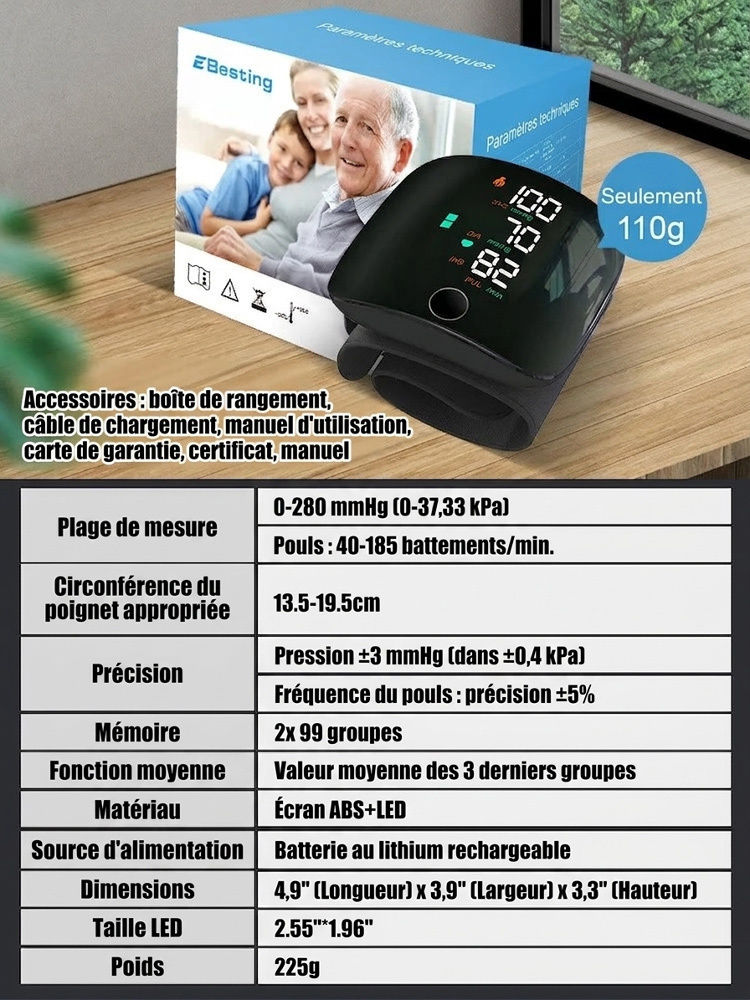 Tensiomètre intelligent au poignet avec une précision de 99,9 %.