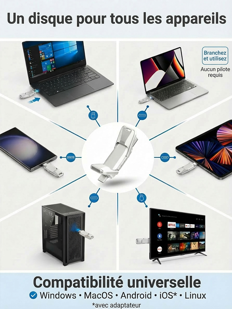 Clé USB SSD à double interface, compatible avec téléphones et ordinateurs
