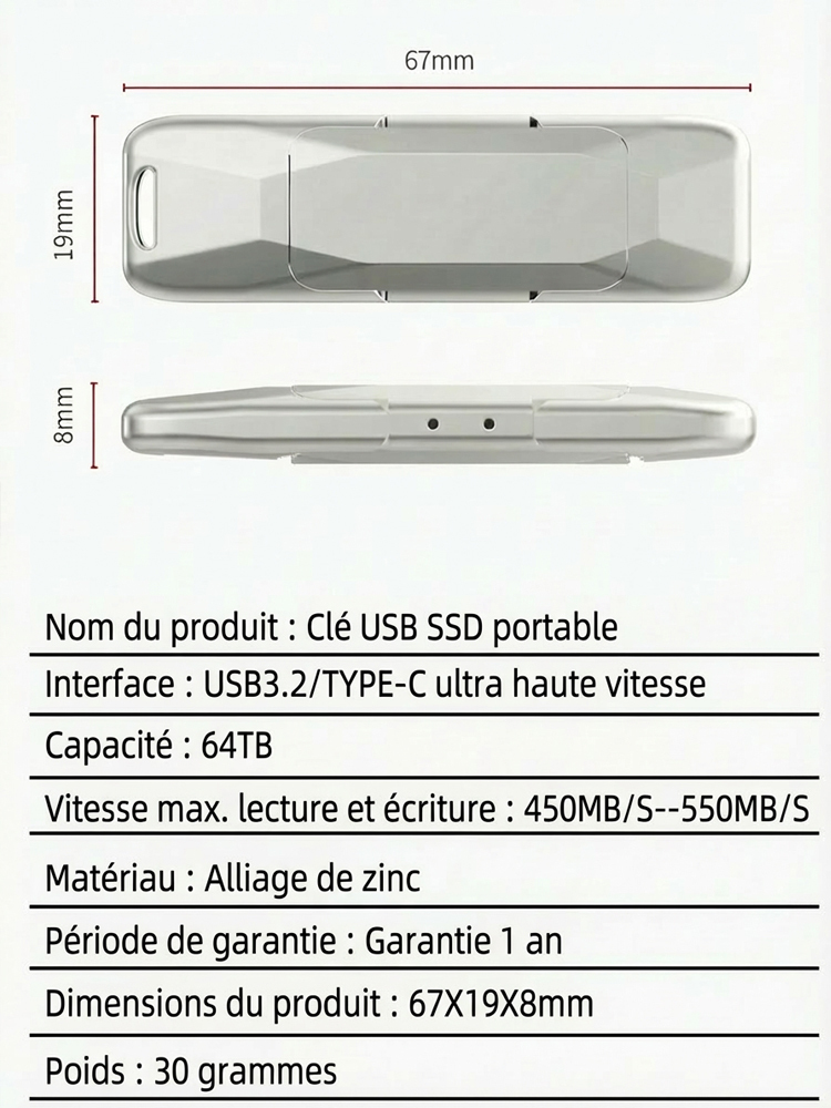 Clé USB SSD à double interface, compatible avec téléphones et ordinateurs