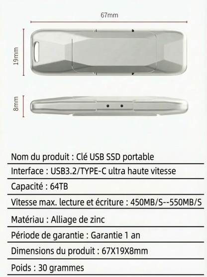 Clé USB SSD à double interface, compatible avec téléphones et ordinateurs