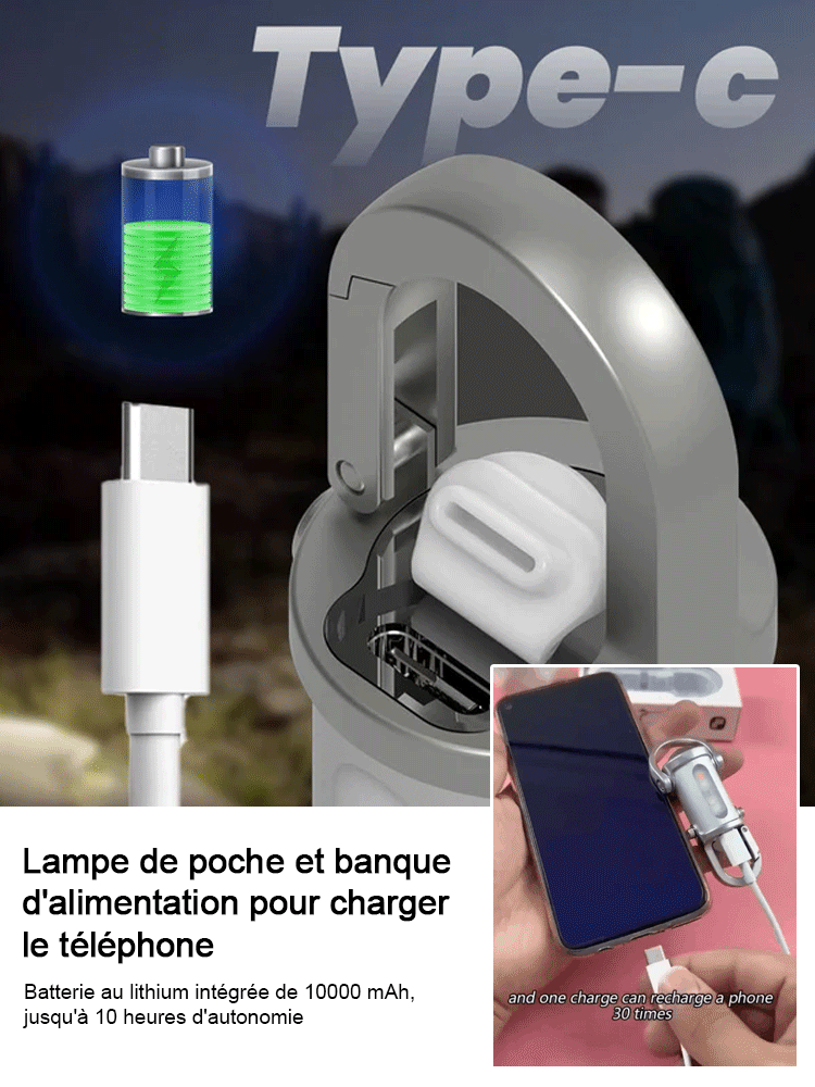 【Super lumineux】Porte-clés lampe de poche- Lampe torche + batterie 10000mAh 2 en 1