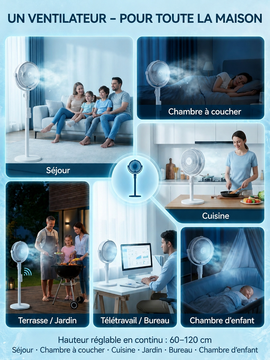 Refroidissement rapide en 3 secondes de 8 degrés, débit d'air de 15 m, ventilateur sur pied à pulvérisation extensible