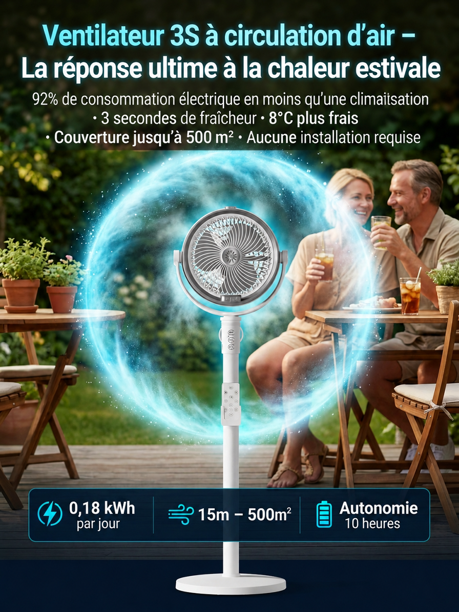 Refroidissement rapide en 3 secondes de 8 degrés, débit d'air de 15 m, ventilateur sur pied à pulvérisation extensible