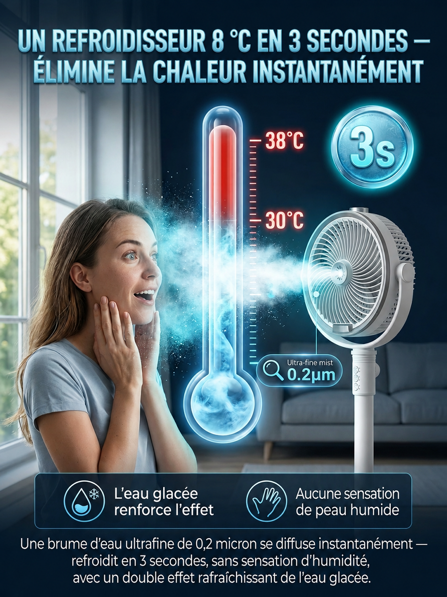 Refroidissement rapide en 3 secondes de 8 degrés, débit d'air de 15 m, ventilateur sur pied à pulvérisation extensible