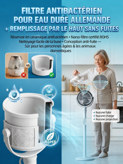Refroidissement rapide en 3 secondes de 8 degrés, débit d'air de 15 m, ventilateur sur pied à pulvérisation extensible