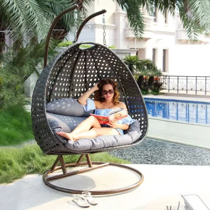 💖Clearance Sale⚡2 Person Wicker Patio Hanging Relaxation Swing Hammock Chair - With Stand and UV Protection Pad
