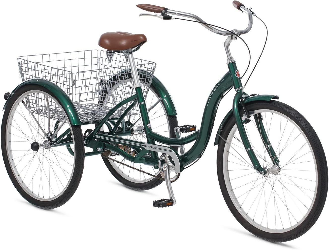 Schwinn Meridian Adult Tricycle Bike, Three Wheel Beach Cruiser, 24 & 26-Inch Wheels, Low Step-Through Aluminum Frame, Adjustable Handlebars, Large Cruiser Seat, Rear Folding Basket