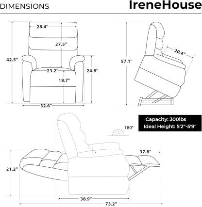 Irene House 9188 Medium Dual Motor Lay Flat Recliner Lift Chair Recliners Infinite Position with Heat Massage for Elderly Up to 300 LBS Electric Power Lift Recliner Chair Sofa