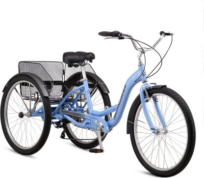 Schwinn Meridian Adult Tricycle Bike, Three Wheel Beach Cruiser, 24 & 26-Inch Wheels, Low Step-Through Aluminum Frame, Adjustable Handlebars, Large Cruiser Seat, Rear Folding Basket