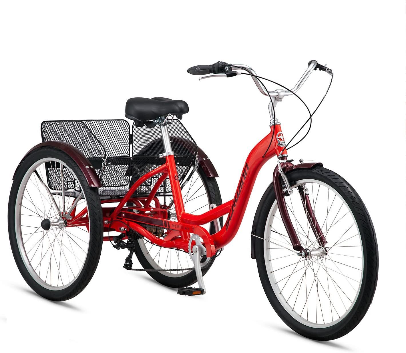 Schwinn Meridian Adult Tricycle Bike, Three Wheel Beach Cruiser, 24 & 26-Inch Wheels, Low Step-Through Aluminum Frame, Adjustable Handlebars, Large Cruiser Seat, Rear Folding Basket
