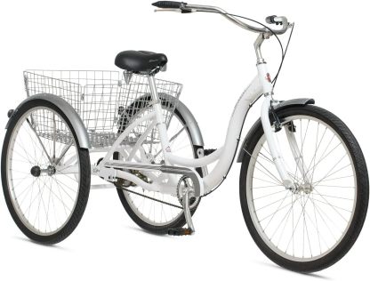 Schwinn Meridian Adult Tricycle Bike, Three Wheel Beach Cruiser, 24 & 26-Inch Wheels, Low Step-Through Aluminum Frame, Adjustable Handlebars, Large Cruiser Seat, Rear Folding Basket
