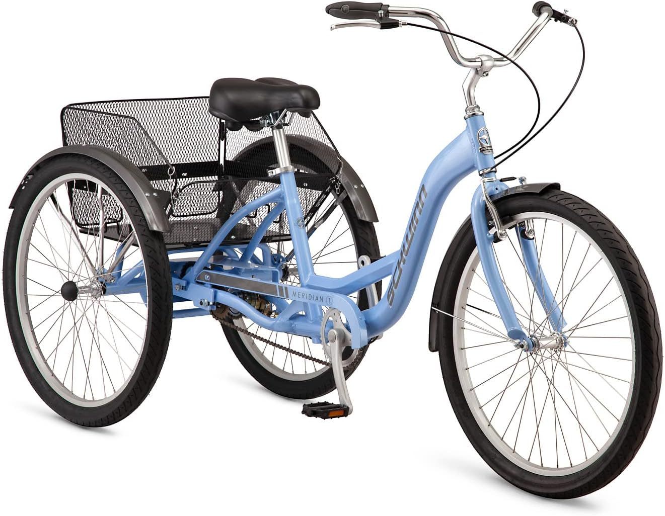 Schwinn Meridian Adult Tricycle Bike, Three Wheel Beach Cruiser, 24 & 26-Inch Wheels, Low Step-Through Aluminum Frame, Adjustable Handlebars, Large Cruiser Seat, Rear Folding Basket