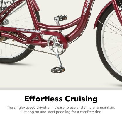 Schwinn Meridian Adult Tricycle Bike, Three Wheel Beach Cruiser, 24 & 26-Inch Wheels, Low Step-Through Aluminum Frame, Adjustable Handlebars, Large Cruiser Seat, Rear Folding Basket