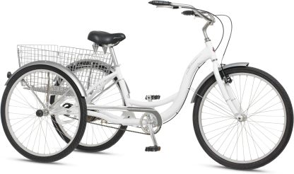 Schwinn Meridian Adult Tricycle Bike, Three Wheel Beach Cruiser, 24 & 26-Inch Wheels, Low Step-Through Aluminum Frame, Adjustable Handlebars, Large Cruiser Seat, Rear Folding Basket