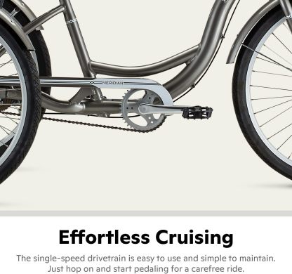 Schwinn Meridian Adult Tricycle Bike, Three Wheel Beach Cruiser, 24 & 26-Inch Wheels, Low Step-Through Aluminum Frame, Adjustable Handlebars, Large Cruiser Seat, Rear Folding Basket