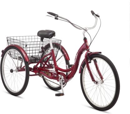 Schwinn Meridian Adult Tricycle Bike, Three Wheel Beach Cruiser, 24 & 26-Inch Wheels, Low Step-Through Aluminum Frame, Adjustable Handlebars, Large Cruiser Seat, Rear Folding Basket