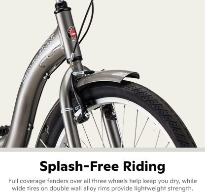 Schwinn Meridian Adult Tricycle Bike, Three Wheel Beach Cruiser, 24 & 26-Inch Wheels, Low Step-Through Aluminum Frame, Adjustable Handlebars, Large Cruiser Seat, Rear Folding Basket