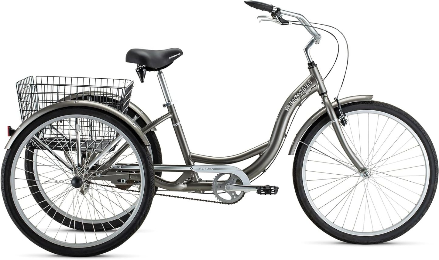 Schwinn Meridian Adult Tricycle Bike, Three Wheel Beach Cruiser, 24 & 26-Inch Wheels, Low Step-Through Aluminum Frame, Adjustable Handlebars, Large Cruiser Seat, Rear Folding Basket