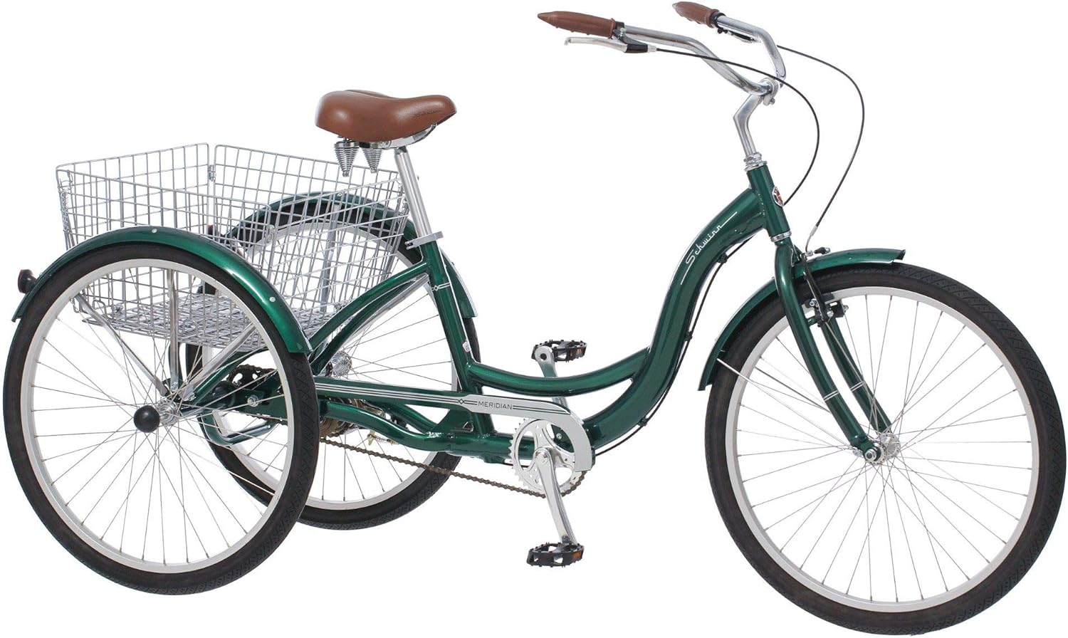 Schwinn Meridian Adult Tricycle Bike, Three Wheel Beach Cruiser, 24 & 26-Inch Wheels, Low Step-Through Aluminum Frame, Adjustable Handlebars, Large Cruiser Seat, Rear Folding Basket