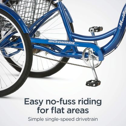 Schwinn Meridian Adult Tricycle Bike, Three Wheel Beach Cruiser, 24 & 26-Inch Wheels, Low Step-Through Aluminum Frame, Adjustable Handlebars, Large Cruiser Seat, Rear Folding Basket
