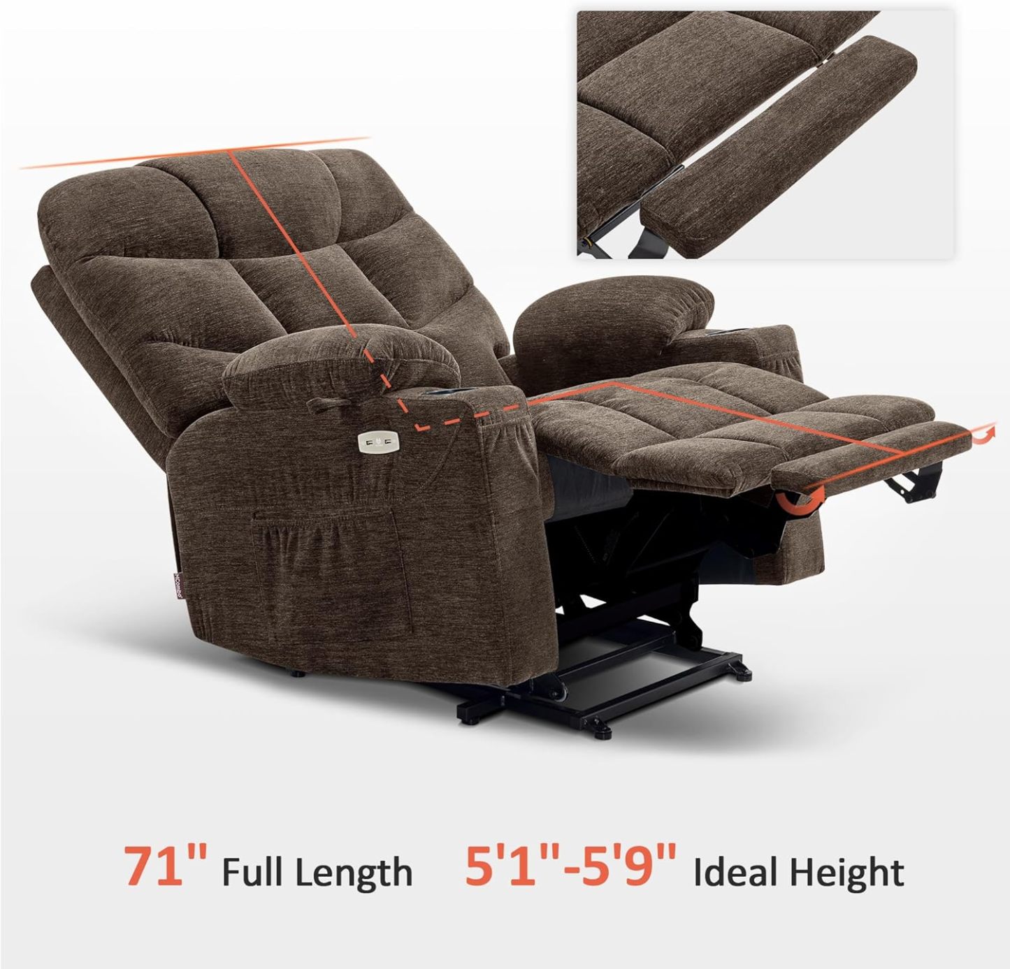 MCombo Regular Power Lift Recliner Chair with Extended Footrest for Elderly People, Fabric 7287 (Brown, Regular)