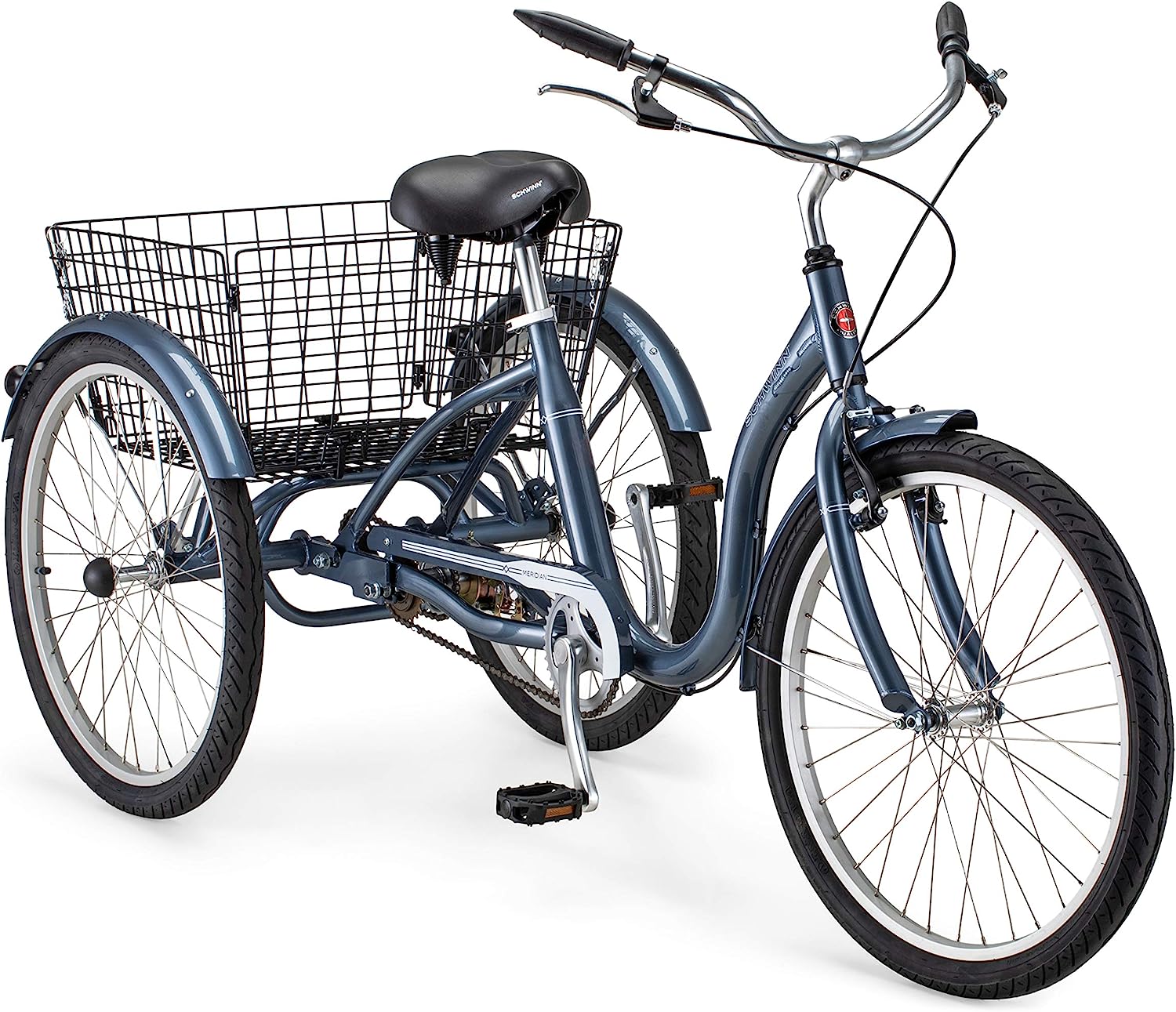 Schwinn Meridian Adult Tricycle Bike, Three Wheel Beach Cruiser, 24 & 26-Inch Wheels, Low Step-Through Aluminum Frame, Adjustable Handlebars, Large Cruiser Seat, Rear Folding Basket