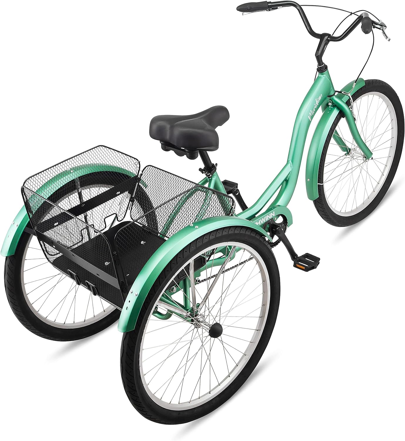 Schwinn Meridian Adult Tricycle Bike, Three Wheel Beach Cruiser, 24 & 26-Inch Wheels, Low Step-Through Aluminum Frame, Adjustable Handlebars, Large Cruiser Seat, Rear Folding Basket